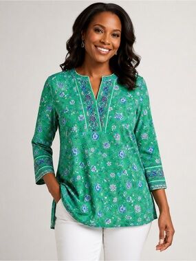 J. Jill Wearever Collection Green Floral Tunic Top XS 3/4 Sleeve Boho Stretch